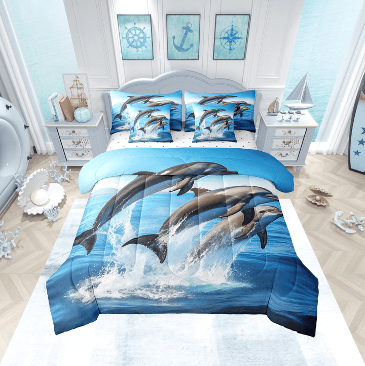 Sea Dolphin Comforter Set Queen 7 Piece Blue Ocean Marine Life Animal Bed in a Bag,Coastal Beach Bedding Set (1 Comforter,1 Fitted Sheet,1 Flat Sheet,2 Pillowcases,2 Throw Pillow Covers)