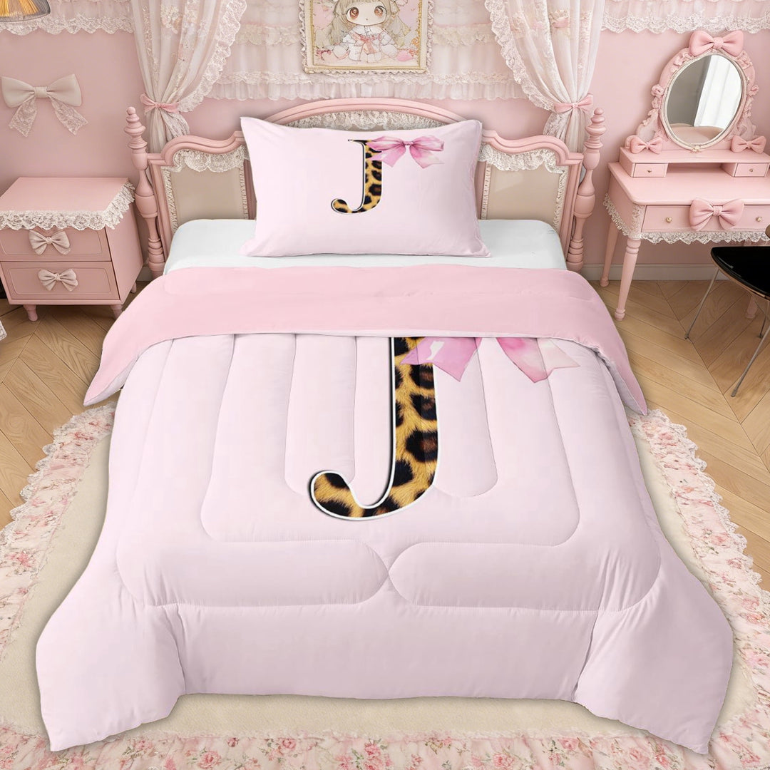 Erosebridal Pink Bowknot Letter J Twin Comforter Sets, Cheetah Leopard Print Bedding Set for Girls Kids, Pink Reversible, 2 Pieces