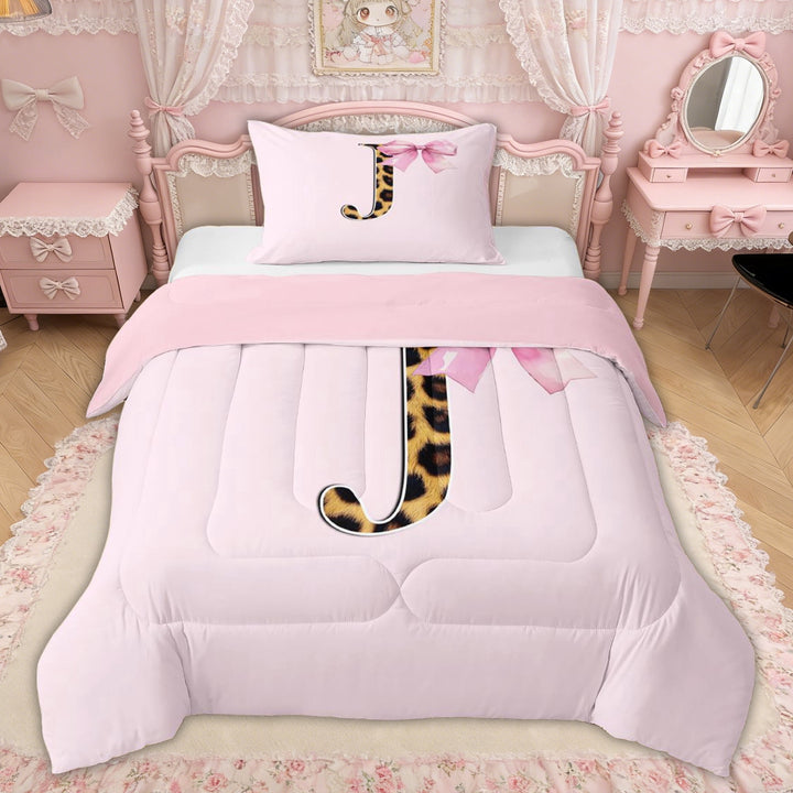 Erosebridal Pink Bowknot Letter J Twin Comforter Sets, Cheetah Leopard Print Bedding Set for Girls Kids, Pink Reversible, 2 Pieces