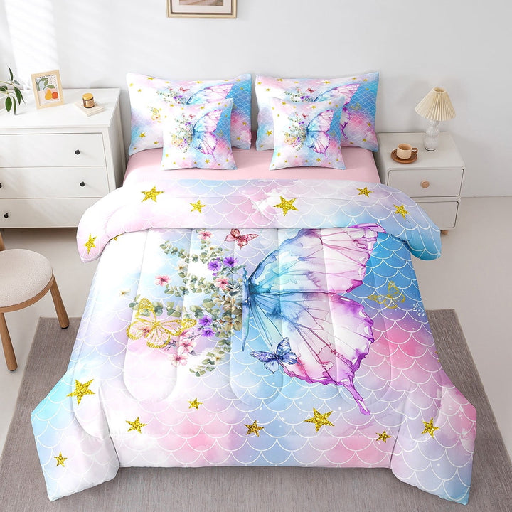Erosebridal Dreamy Butterfly Bed in a Bag Twin Size, Blue Pink Mermaid Scale Bed Set, Gold Stars Bed Sheets Setp with Comforter, Lightweight Bedroom Decor, Reversible 7 Pieces