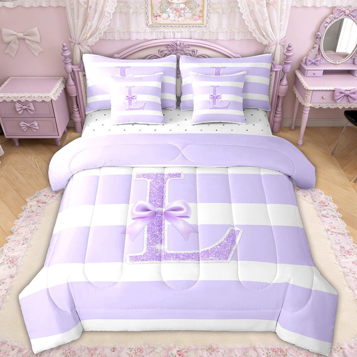 Erosebridal Glitter Print Bow Letter L Twin Bedding Sets for Girls, Purple Stripes Ribbon Bedding Comforter Set, Reversible, 7pcs