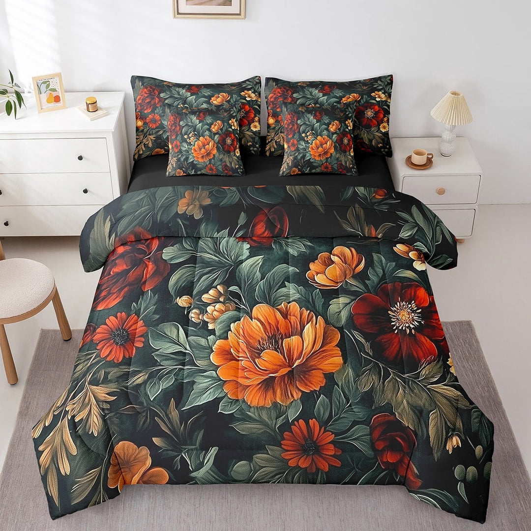 Erosebridal Orange Flower Bedding Sets King Size,Botanical Plants Bed in a Bag King size,Microfiber Reversible Bedding King Size,Floral Room Decorative,7 Pieces