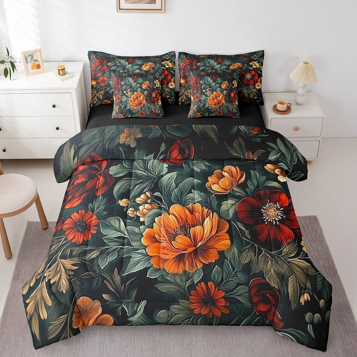 Erosebridal Orange Flower Bedding Sets King Size,Botanical Plants Bed in a Bag King size,Microfiber Reversible Bedding King Size,Floral Room Decorative,7 Pieces