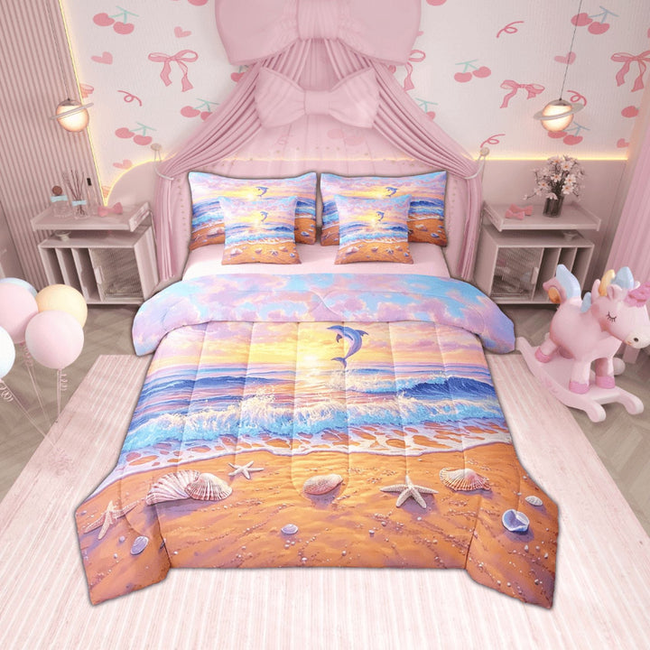 Erosebridal Ocean Beach Bedding Sets Twin Size,Dolphin Starfish Comforter Sets with Sheets,Sea Animal Bed in a Bag Twin size,Breathable Sunset Room Decor,Reversible,7-Piece