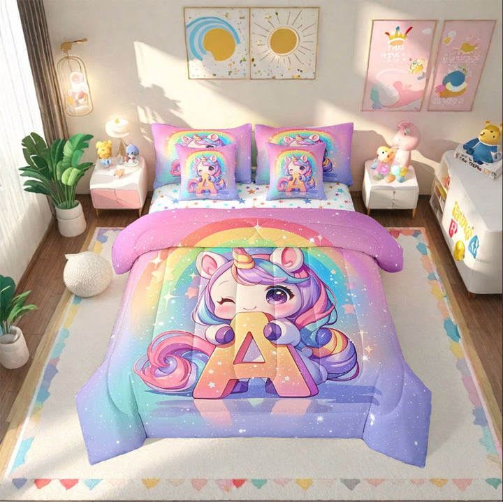 7 Piece Rainbow Unicorn Bed in a Bag Twin Size Cute Unicorn Bedding Sets Blue Purple Gradient Comforter Set with Sheets Lovely Animal Unicorn Bed Set for Princess Room Decor Sheets