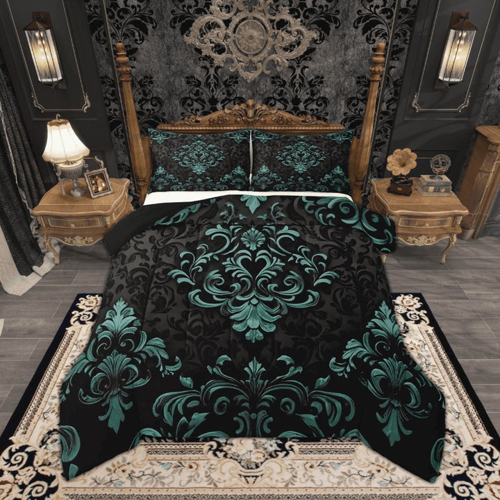 Manfei Teal Baroque Damask Bedding Full Comforter Set, Hippie Flower Floral Down Comforter, Vintage Victorian Bedding Sets Full with Comforter, Breathable Bedroom Decorative, 3 Pieces Reversible