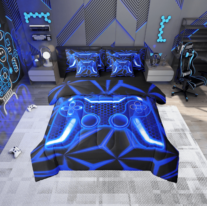 Erosebridal Video Game Bedding Sets Twin Size,Blue Neon Comforter Sets with Sheets,Geometric Honeycomb Bed in a Bag Twin size,Lightweight Gamepads Bedroom Decorative,Reversible,7pcs