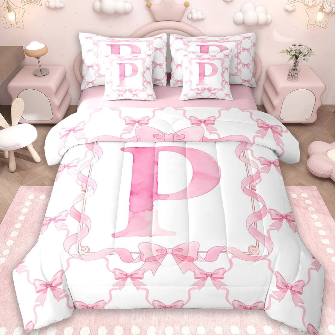 Erosebridal Cute Pink Bowknot 7-Piece Twin Bedding Sets,Girls Letter P Monogrammed Bedding Comforter Set For Kids,Reversible pink