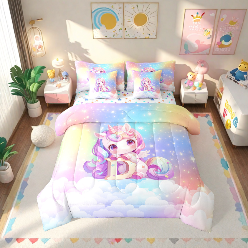 Erosebridal Cute Unicorn Bed In A Bag Twin Size, Initial Printed D Bed Set, Rainbow Galaxy Bedding Twin Size, Microfiber Bedroom Decorative,7 Pieces Reversible