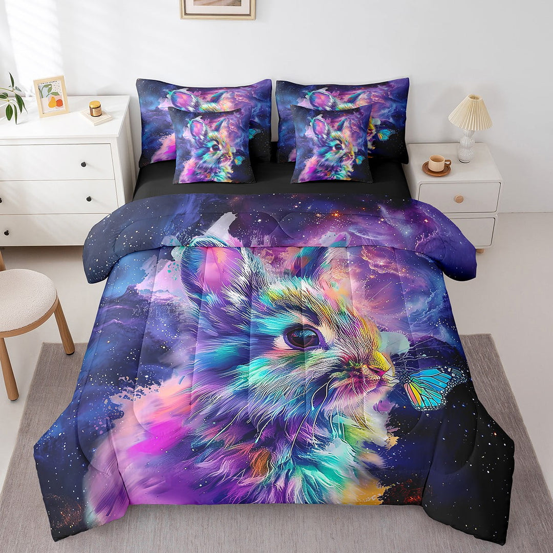 7pcs Cute Rabbit Bedding Twin Purple Galaxy Comforter Set, Blue Butterfly Bedding Comforter Sets Kawaii Bunnies Bed in a Bag, Univers Glitter Stars Bedding Accessories