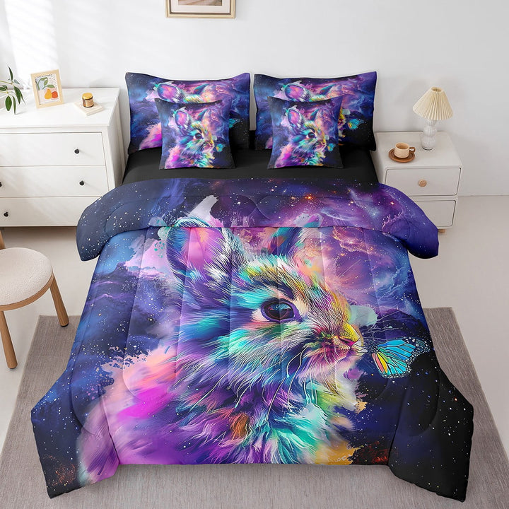7pcs Cute Rabbit Bedding Twin Purple Galaxy Comforter Set, Blue Butterfly Bedding Comforter Sets Kawaii Bunnies Bed in a Bag, Univers Glitter Stars Bedding Accessories