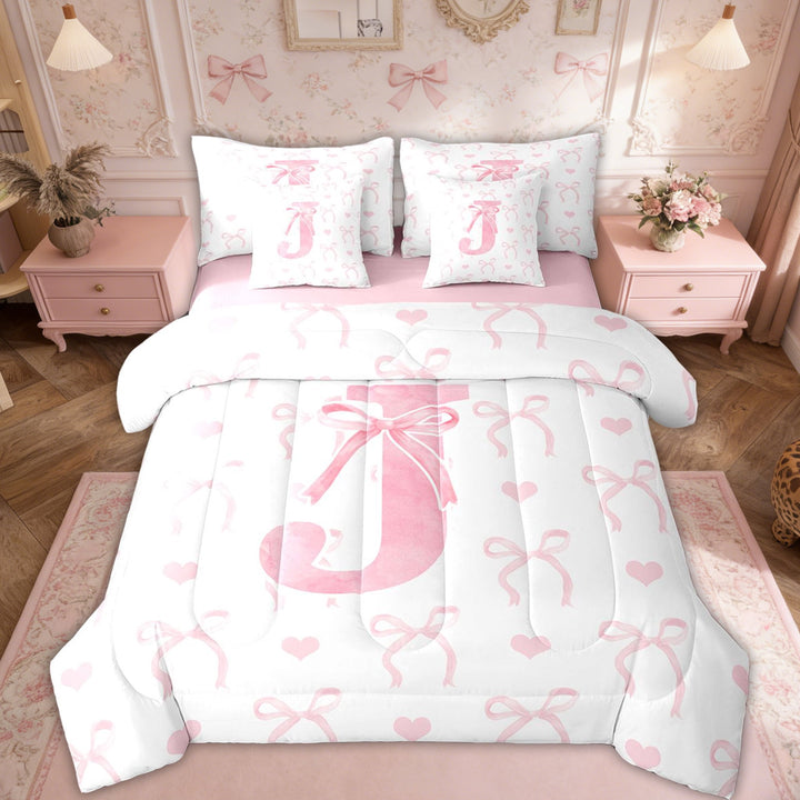 Erosebridal Initial A-Z Bed in a Bag Twin size, Initial Letter J Bed Set, Bow Tie Fairly Decor, Reversible 7-Piece