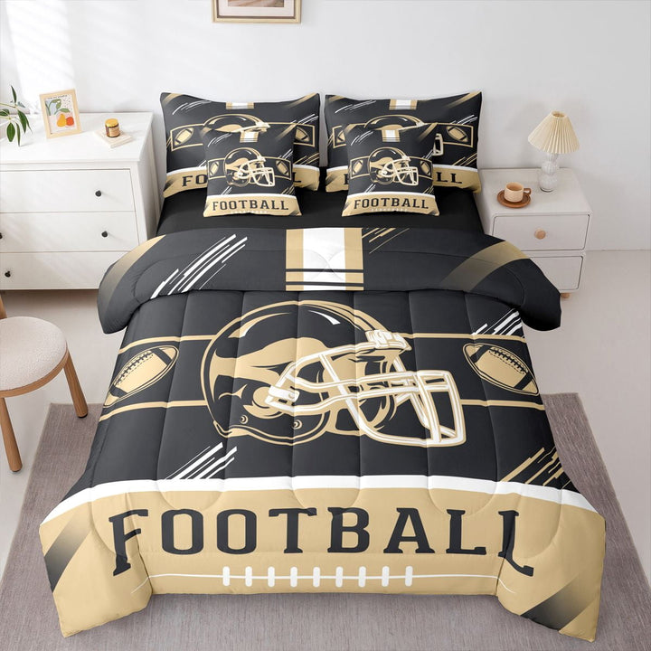 Erosebridal Football Helmet Print Bedding Sets Twin Size, Sports Theme Comforter Sets with Sheets , New Orleans, Black Brown, Breathable 7 Pieces