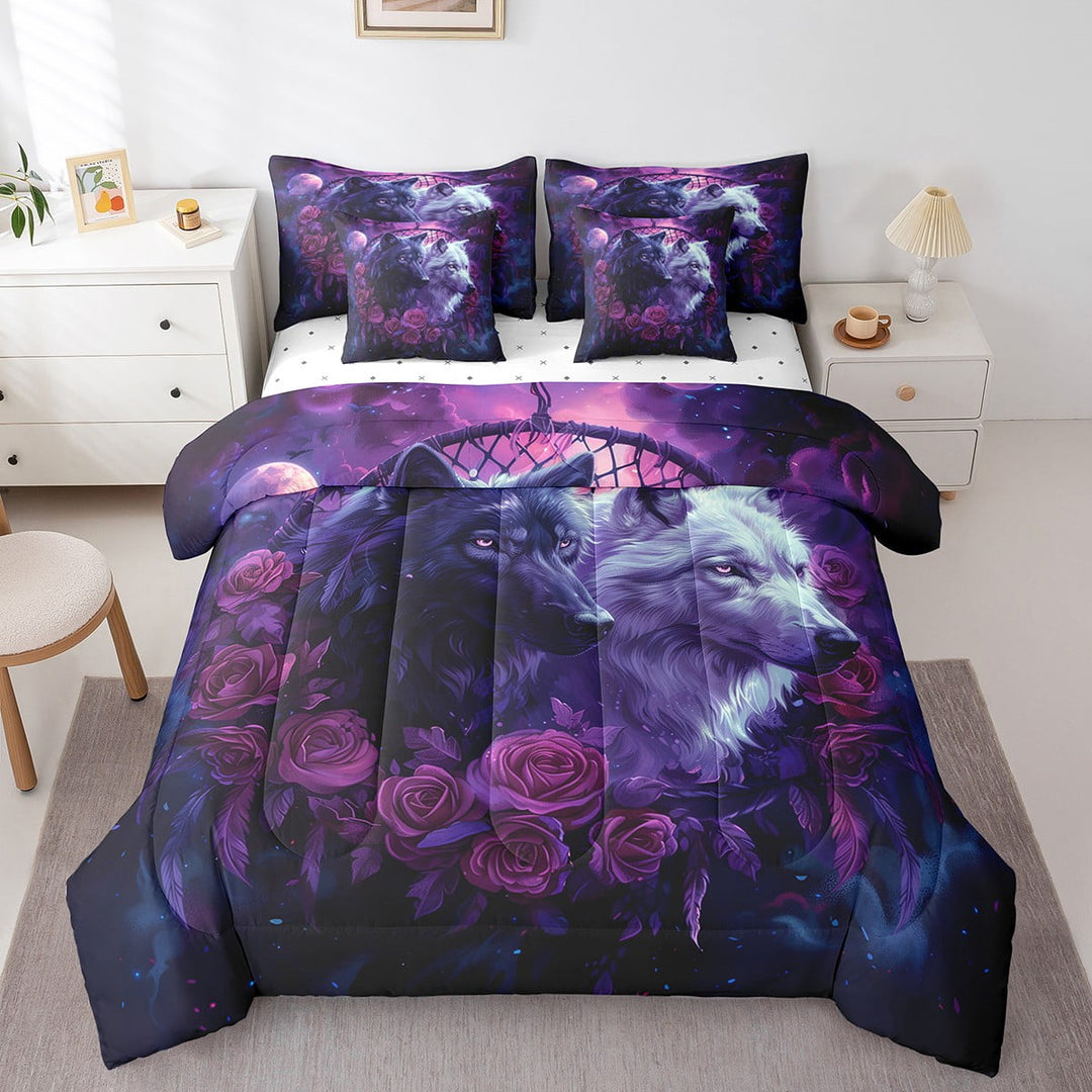 Safari Wolf Bedding Queen Size 7pcs Black And White Comforter Set,Wild Animal Wildlife Bedding Comforter Sets Romantic Rose Flower Bed in a Bag Western Tribal Dreamcatcher Bed Sheets Set Wedding Gift