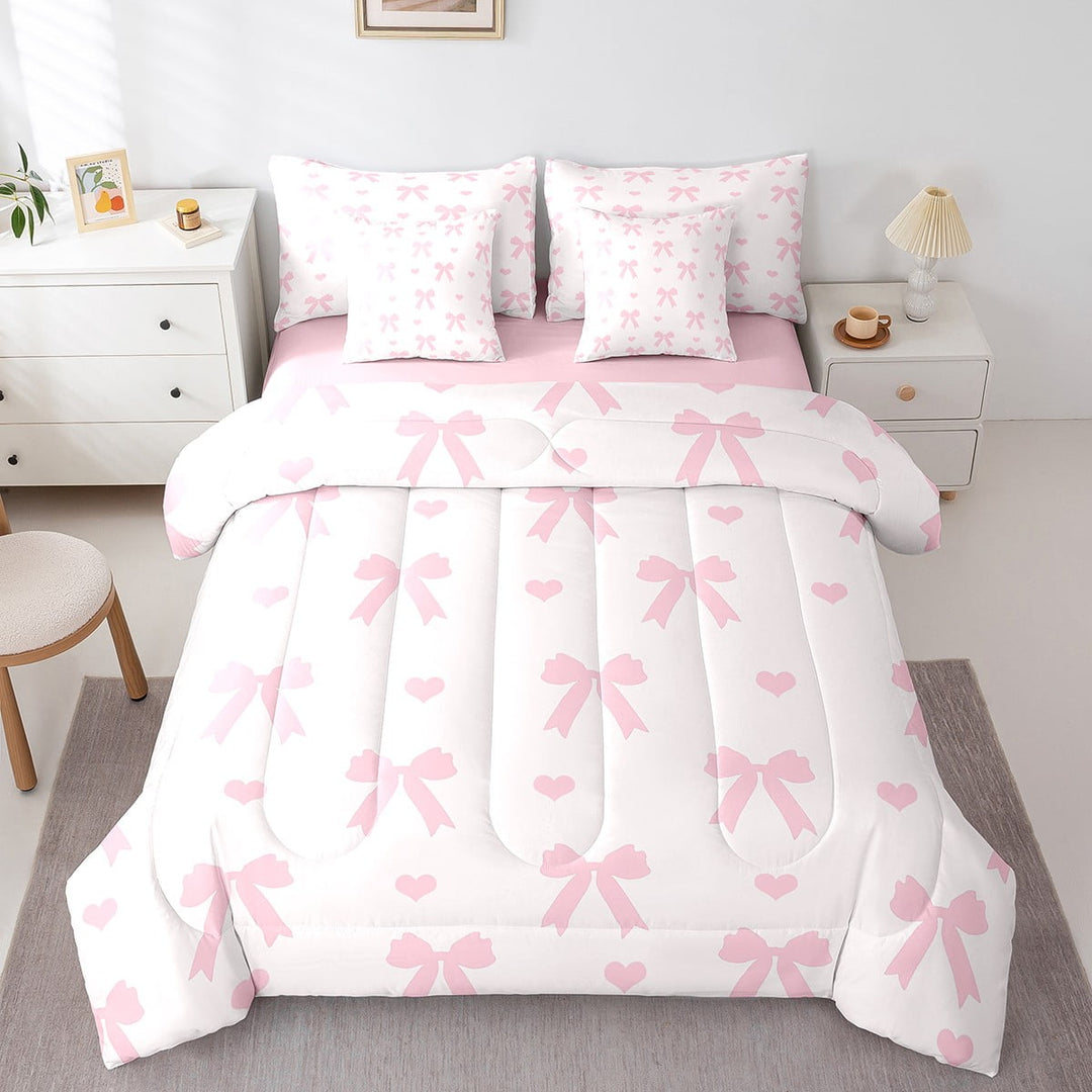 Pink Bowknot Queen Bedding Set 7 Pieces,Princess Style Bow Dreamy Bow-tie Comforter Set with Sheets ,Cute Love Hearts Romantic Valentine&