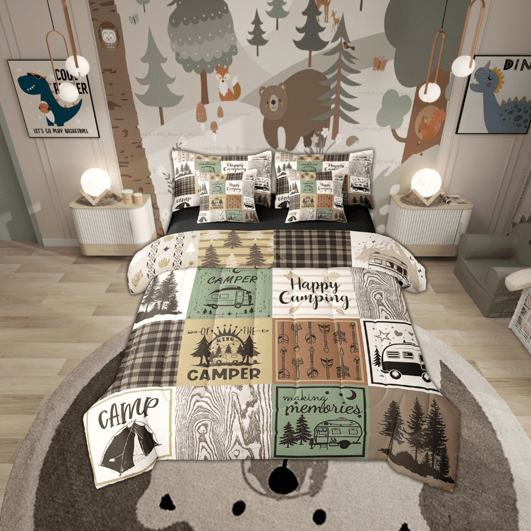 Happy Camping Comforter Set 7 Piece Rustic Cabin Camper Twin Bed In A Bag Rv Car Accessories For Travel Trailers Buffalo Plaid Arrow Pine Trees Bedding Set Travel Adventure Bed Set