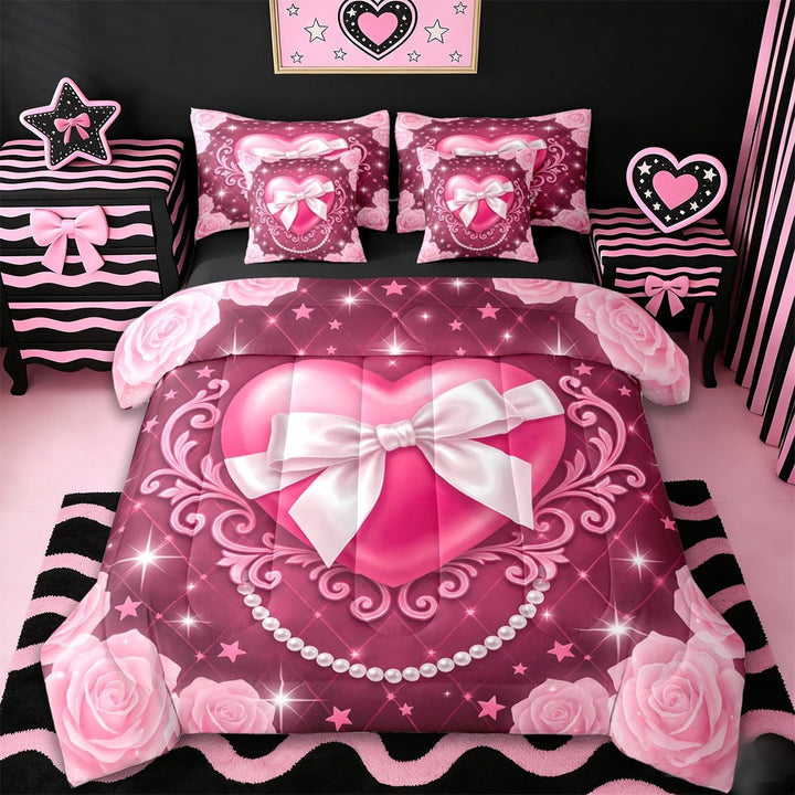 Erosebridal Dreamy Princess Style 7-Piece Twin Bedding Sets,Pink Flowers Floral Bedding Comforter Set For Kids Girls,Reversible black
