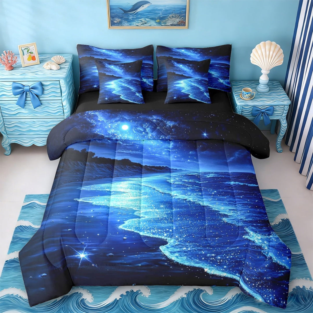 Erosebridal Beach Themed 7 Pieces Bedding Comforter Set,Ocean Sea Printed Summer Holiday Nature Pattern Full Bedding Set For Adults,Reversible Black