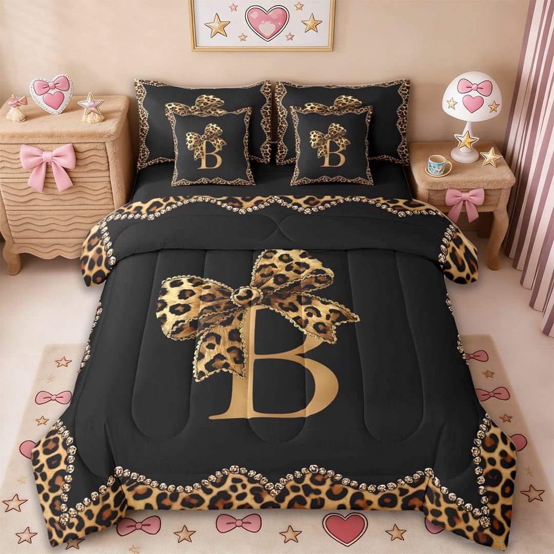 Erosebridal Initial Alphabet B 7-Piece Twin Bedding Sets,Kids Brown Cheetah Pattern Bowtie Bedding Comforter Set For Leopard Lovers,Reversible black