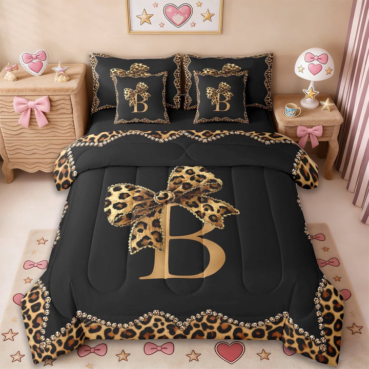 Erosebridal Initial Alphabet B 7-Piece Twin Bedding Sets,Kids Brown Cheetah Pattern Bowtie Bedding Comforter Set For Leopard Lovers,Reversible black