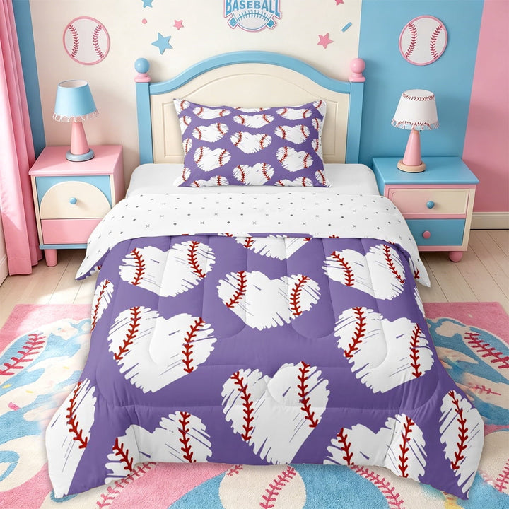Erosebridal Kids Baseball Print Twin Comforter Sets,Cute Loves Hearts Bedding Set For Girls,Reversible,2 Pieces