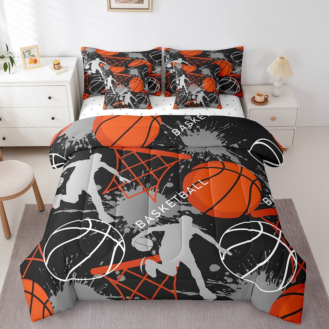 Erosebridal Sports Basketball Bed in a Bag Full Size, Cartoon Ball Bed Print Set Kids Boys, Black Grey Watercolor Decor, 7pcs