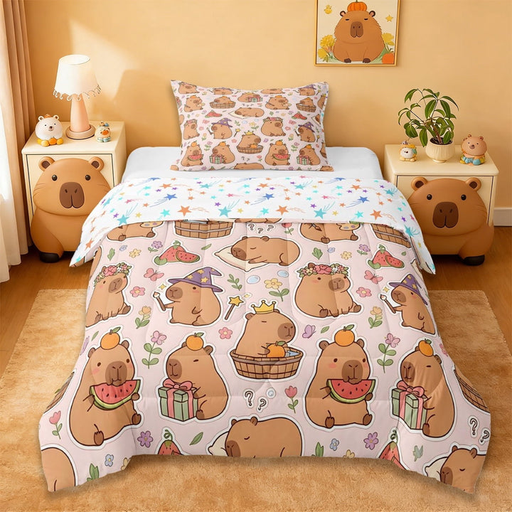Erosebridal Kawaii Flowers Blossom Twin Comforter Sets,Cute Animal Cartoon Capybara Bedding Set For Kids Reversible 2 Pieces