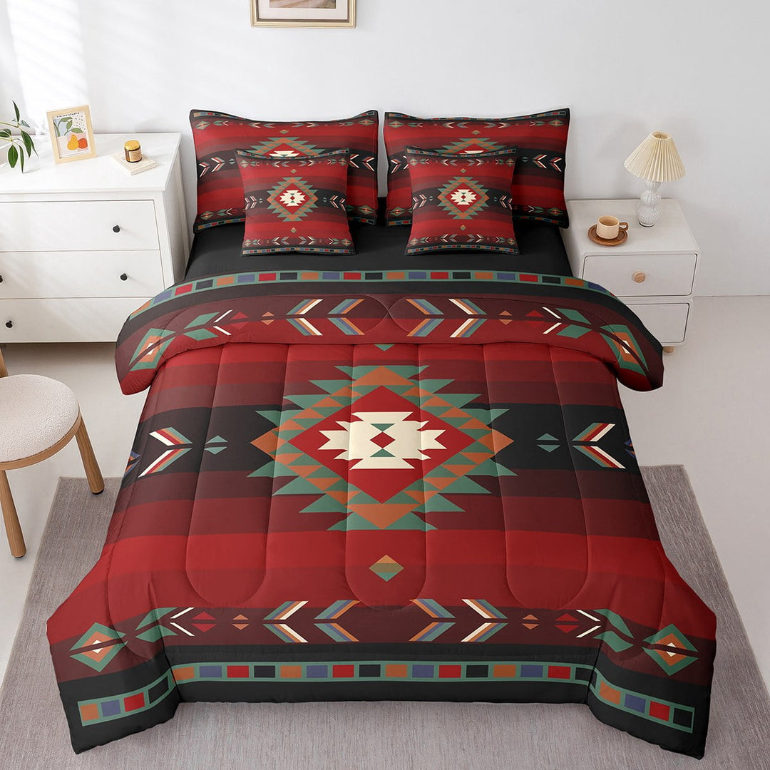 Erosebridal 7 Piece Queen Size Southwestern Bedding Set,Bohemian Aztec Comforter Sets Tribal Bed Set,Includes Comforter,Sheet Set,Pillowcases &amp; Pillow Covers Red Green
