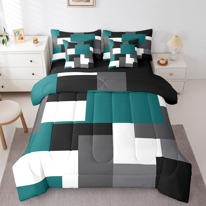 Erosebridal Sqare Plaid Bedding Sets Twin Size,Grey Teal Comforter Sets with Sheets,Geometric Rectangle Bed in a Bag Twin size,Breathable Abstract Bedroom Decoration,Reversible,7pcs