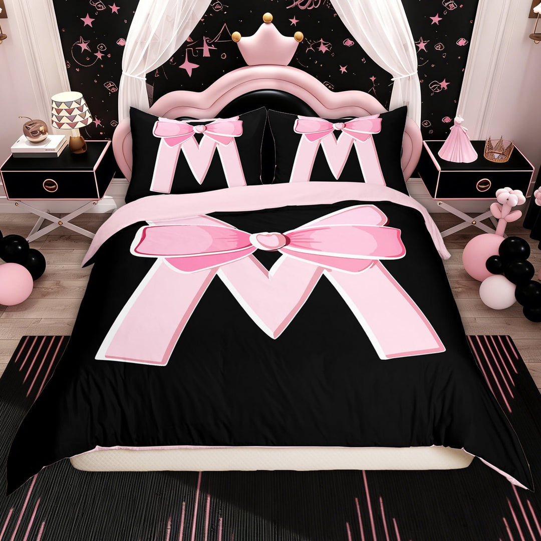 Erosebridal Initial Letter M Duvet Cover Twin, Black Pink Comforter Cover Twin, Kawaii Bow-tie Reversible Bedding Sets Twin Size, 2 Pieces£¨No Comforter£©