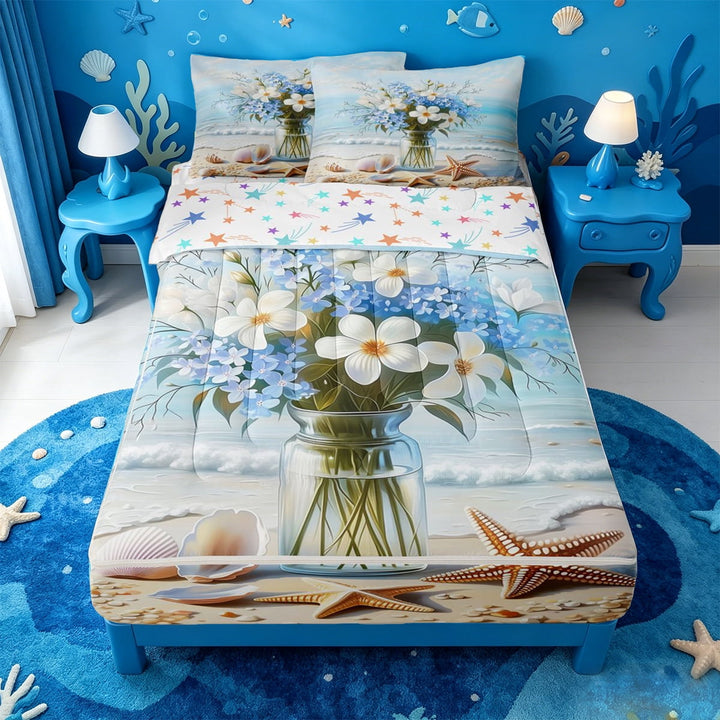 meiyoeat Beach Floral Vase Zipper Full Size Comforter Sets with Fitted Sheet and 2 Pillowcases For Boys,Shell Print Zipper Bedding Set,Colorful Stars Reversible,4 Pieces