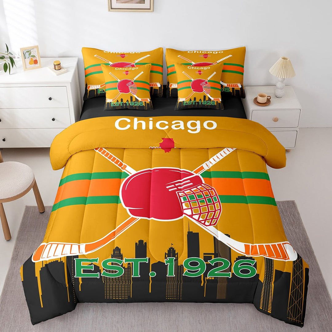 Erosebridal Ice Hockey Comforter Set Twin Size 7 Piece Bed in A Bag Hockey Bedding Set Teens Super Soft All Season for Bedroom,Winter Sports Reversible Bed Sets,Chicago