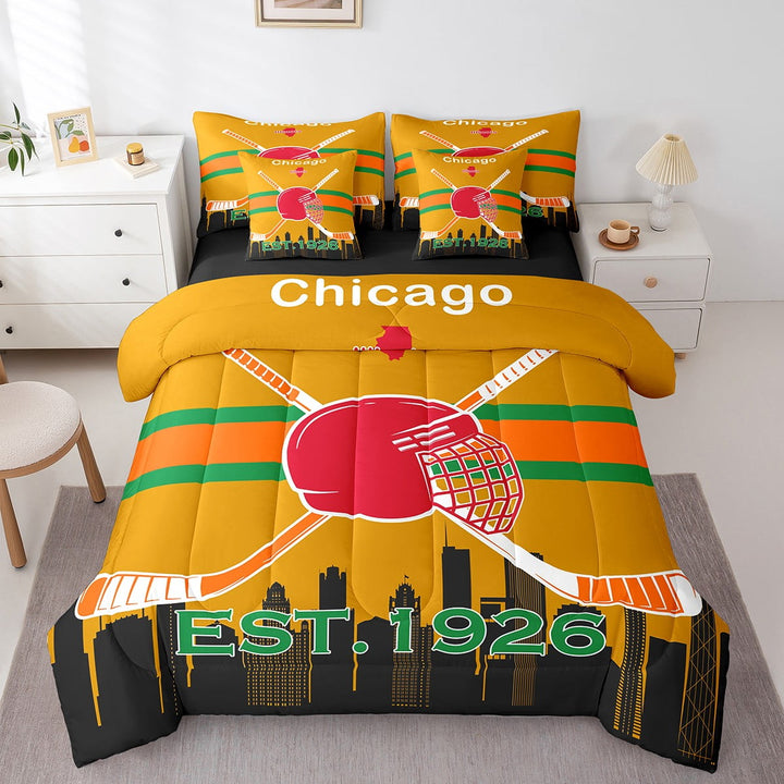 Erosebridal Ice Hockey Comforter Set Twin Size 7 Piece Bed in A Bag Hockey Bedding Set Teens Super Soft All Season for Bedroom,Winter Sports Reversible Bed Sets,Chicago