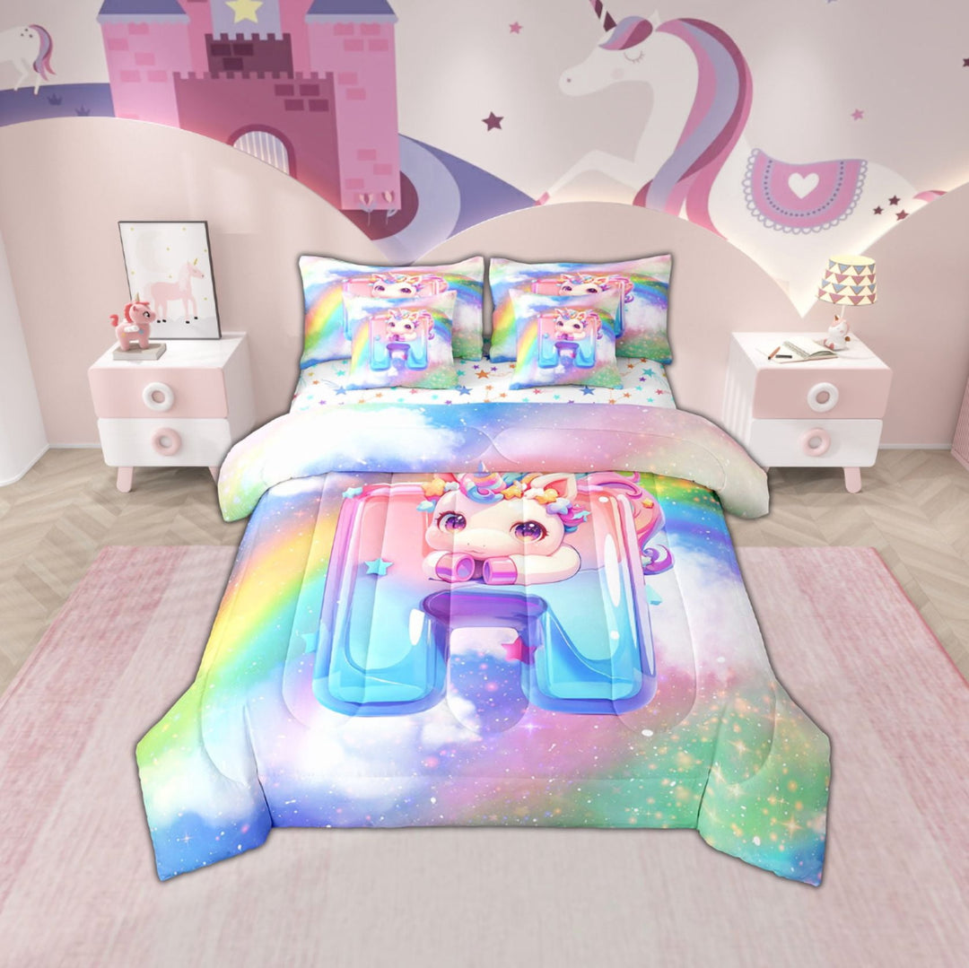 Erosebridal Monogrammed H Bedding Twin Size, Kawaii Unicorn Bed Set, Cartoon Rainbow Reversible Bedding Sets Twin Size, Ultra Soft Bedroom Decoration, 7pcs