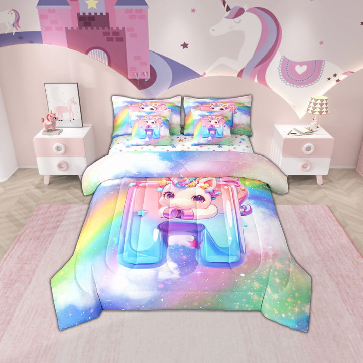 Erosebridal Monogrammed H Bedding Twin Size, Kawaii Unicorn Bed Set, Cartoon Rainbow Reversible Bedding Sets Twin Size, Ultra Soft Bedroom Decoration, 7pcs