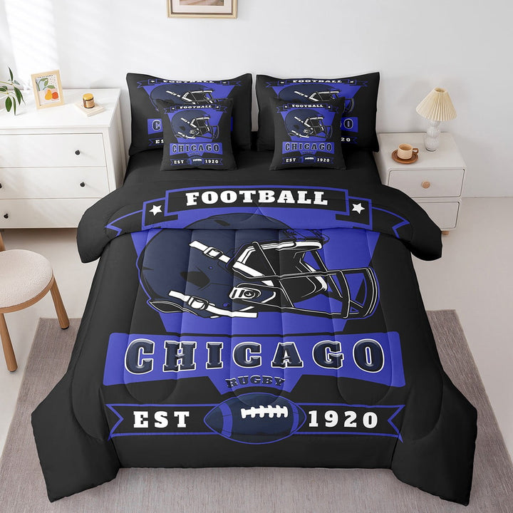 Erosebridal Soccer Sports Bed in a Bag Twin size 7 Pieces , Black Navy, Super Cozy, Chicago