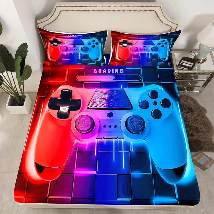 Red Blue Gaming Fitted Sheet Gamer Bed Sheets Twin,Neon Lights Abstract Geometry Sheets Gamer Room Decor s(No Top Sheet)