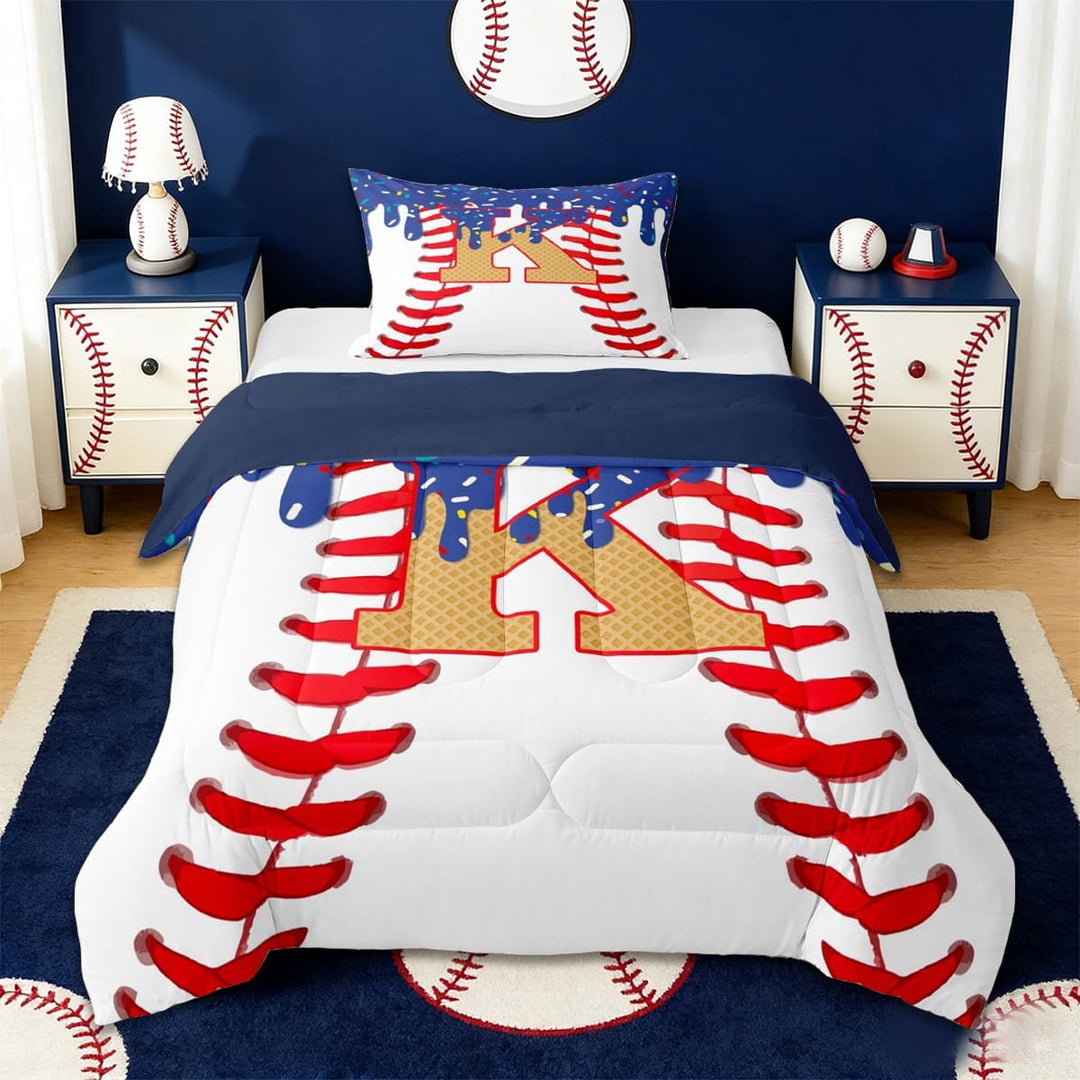 Erosebridal Sport Ball Games Kids Twin Comforter Sets,Baseball Theme First Letter K Bedding Set For Boys,Reversible navy blue,2pcs