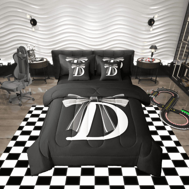 Erosebridal Kawaii Initial Letter Bedding Twin Size, Monogrammed D Bed in a Bag Twin size, Cool Ribbon Cow Reversible Bed Set, Ultra Soft Bedroom Decoration, 7pcs