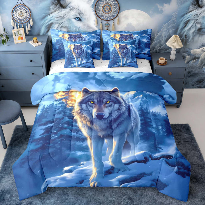 Erosebridal Snowy Mountain Wolf Print Twin Bedding Sets, Winter Wildlife Bedding Comforter Set for Men and Women, Reversible 7pcs