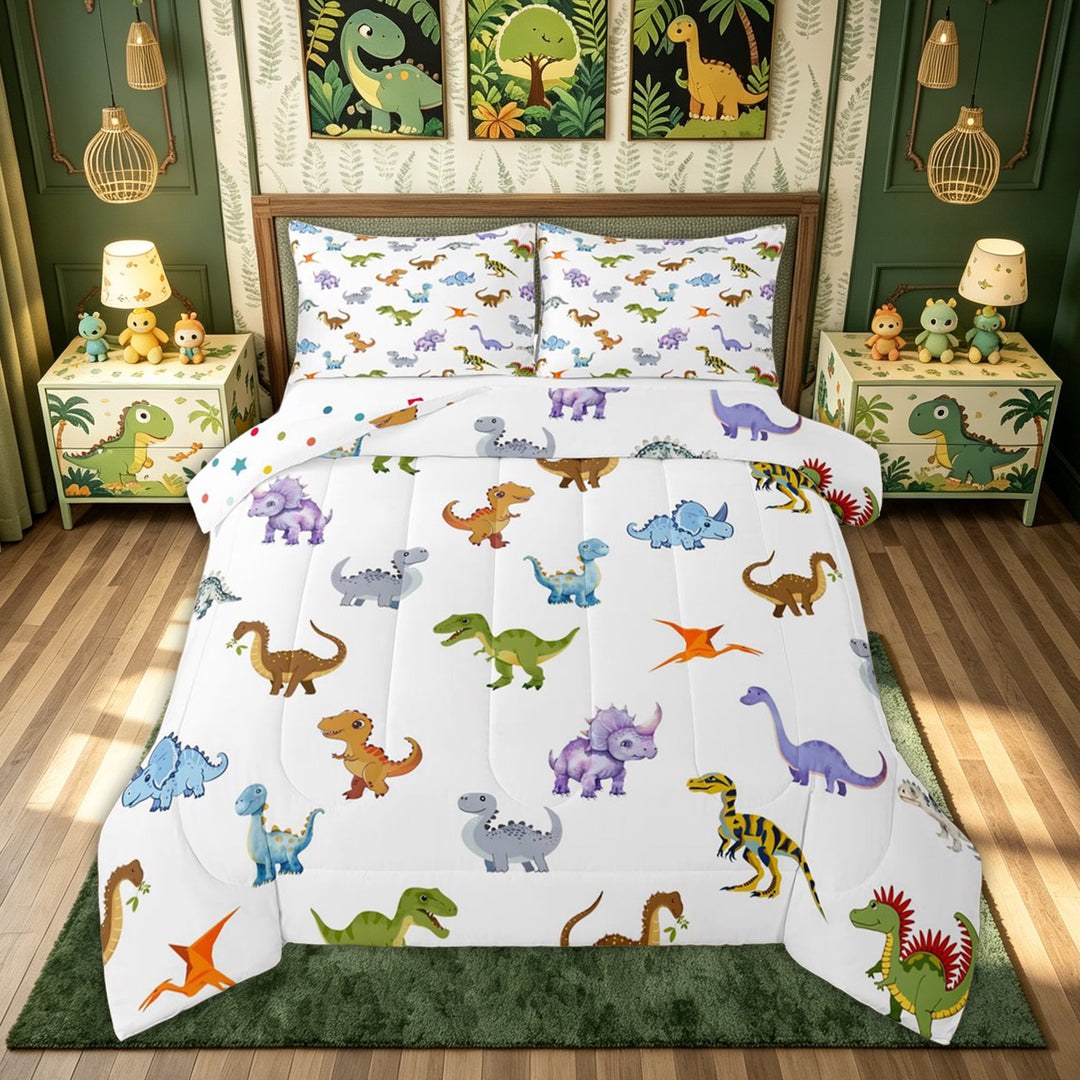 meiyoeat Cute Dinosaur Full Size Comforter Sets for Kids Boys Girls, Cartoon T-rex Dino Bedding Comforter Set, White, Polkadot Reversible, 3pcs, 1 Comforter and 2 Pillowcases