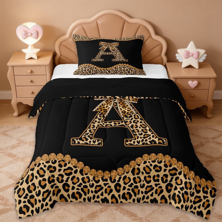 Erosebridal Fashion Women Letter A Theme Twin Comforter Sets,Kids Leopard Print Bows Bedding Set For Cheetah Lovers,Black Reversible,2 Pieces