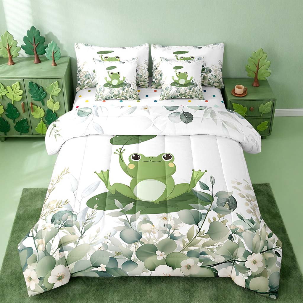 Erosebridal Cute Animal Twin Comforter Set 7 Pieces Cartoon Frog Bedding Comforter Sets, Eucalyptus Bed in a Bag Watercolor Leaves Bedding Set, Kawaii Funny Animal Bed Sheets Set