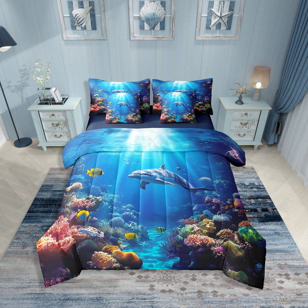 Erosebridal Wildlife Dolphin Bedding Sets Twin Size,Ocean Animal Comforter Sets with Sheets,Sealife Decor,Reversible,Breathable,7-Piece