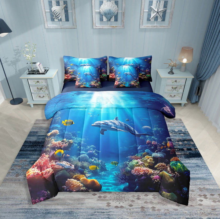 Erosebridal Wildlife Dolphin Bedding Sets Twin Size,Ocean Animal Comforter Sets with Sheets,Sealife Decor,Reversible,Breathable,7-Piece