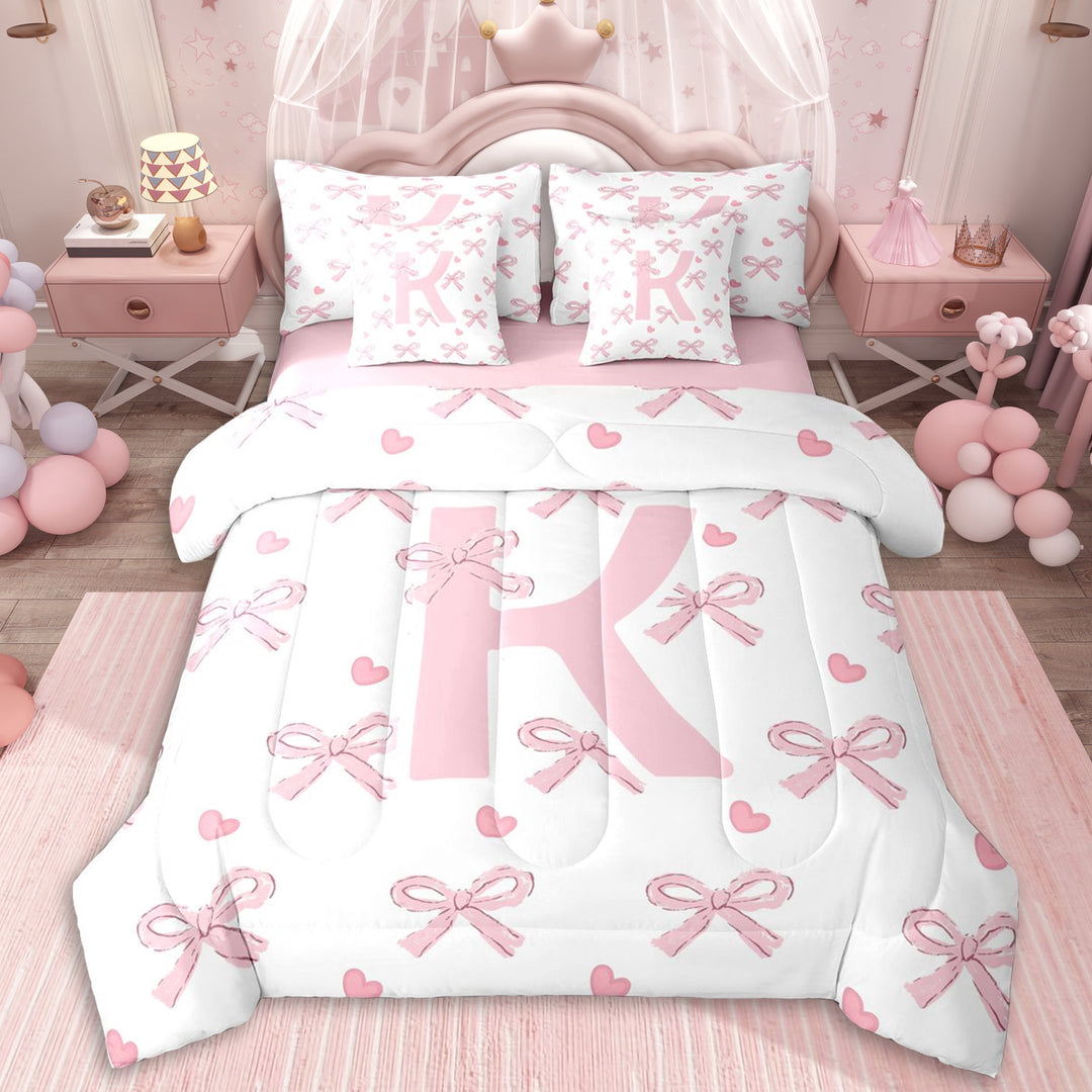 Erosebridal Girls Personalized K Initial Twin Bedding Sets 7-Piece,Cartoon Pink Bow Love Heart Bedding Comforter Set For Kids,Pink Reversible,Super Cozy Room Decor