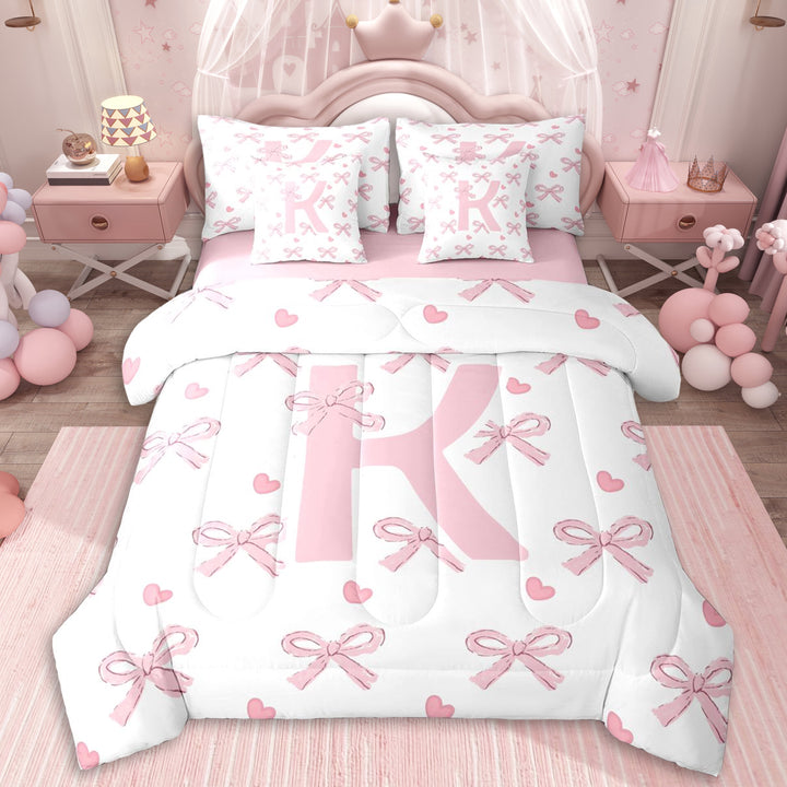 Erosebridal Girls Personalized K Initial Twin Bedding Sets 7-Piece,Cartoon Pink Bow Love Heart Bedding Comforter Set For Kids,Pink Reversible,Super Cozy Room Decor