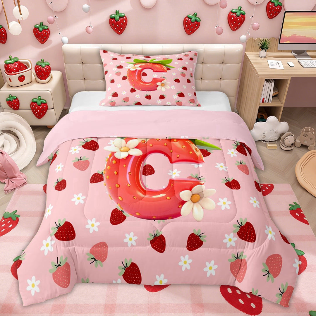 Erosebridal Flower Strawberry Twin Comforter Sets for Girls, Cartoon C Letter Bedding Set, Pink Reversible, 2 Pieces