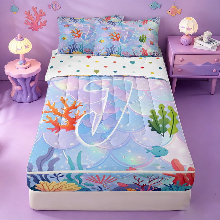 meiyoeat ocean Wave Texture Zipper Twin Comforter Sets with Fitted Sheet and 2 Pillowcases,Watercolor Monogram J Zipper Bedding Set,Reversible,4-Piece