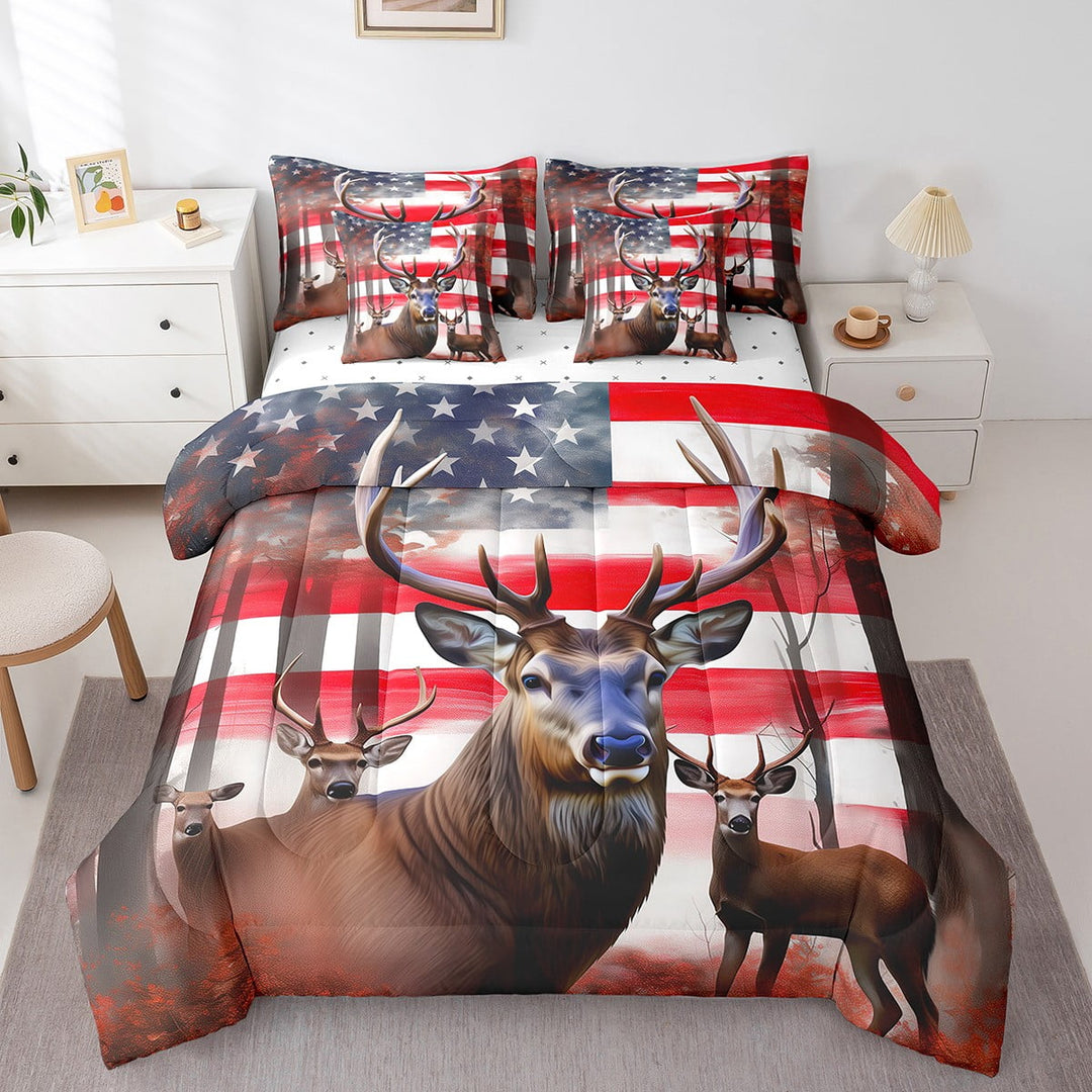 Deer 7 Piece Queen Bed Set - Includes Comforter &amp; Sheet Set American Flag Bedding - United States Geometric Stripes Bedding Comforter Sets Teen Woodland Animal Bedroom Decor